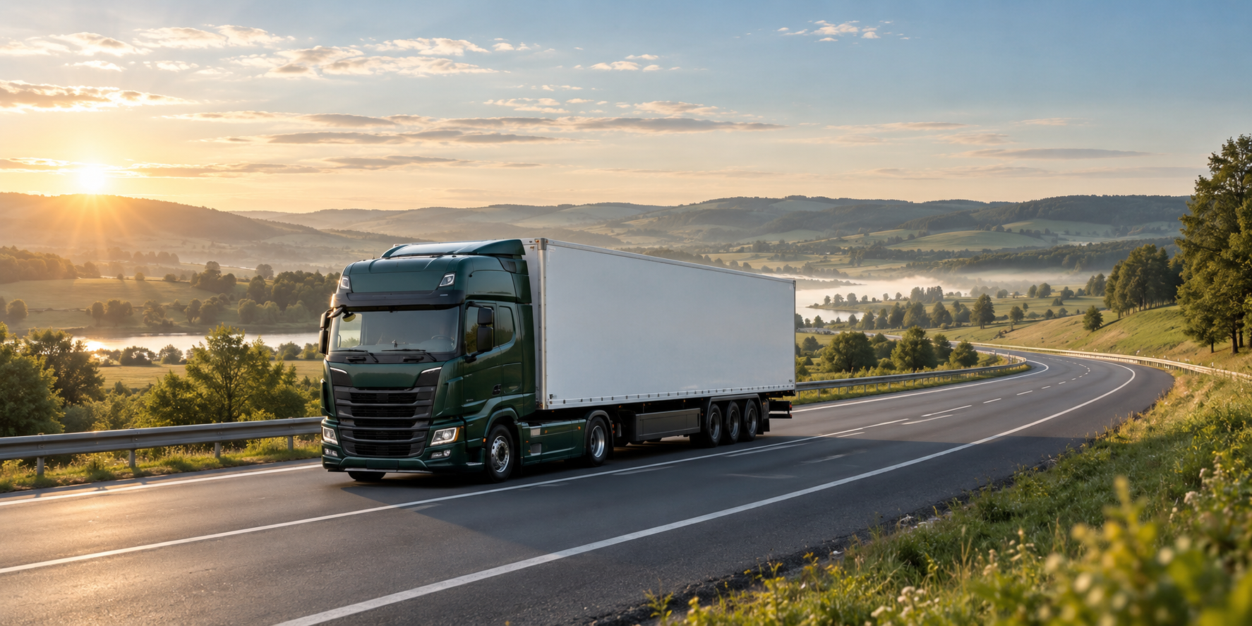 Camion moderne sans marquage circulant sur une autoroute au cœur d’un paysage verdoyant